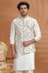 Cream Silk Kurta Pajama with Embroidered Jacket